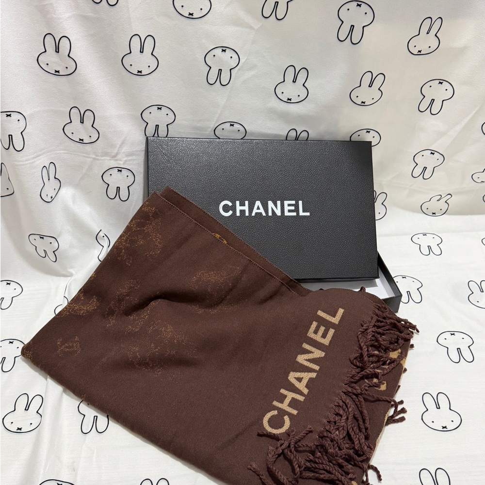 CHANEL Brown Logo Fringe Scarf with Gold Accents